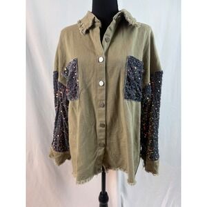 ChicMe Olive Green Sequin Sleeve Denim Shacket Distressed Frayed Hem Womens M